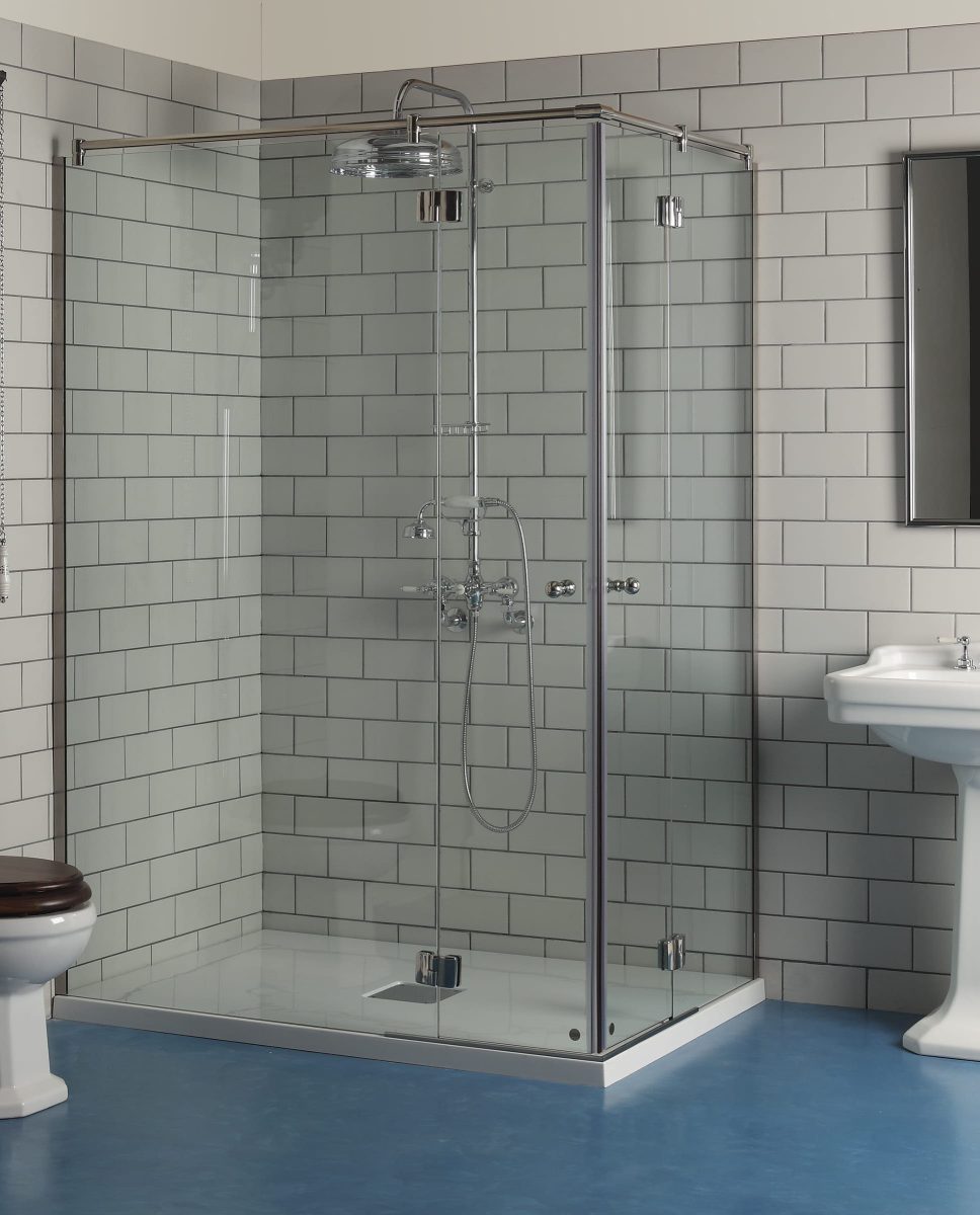 Albion's Corner Entry Shower Frameless Enclosure set in a traditional bathroom.