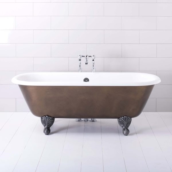 Traditional clawfoot bathtub with a white interior and bronze exterior, set against a minimalist white tiled background, perfect for a classic bathroom renovation.