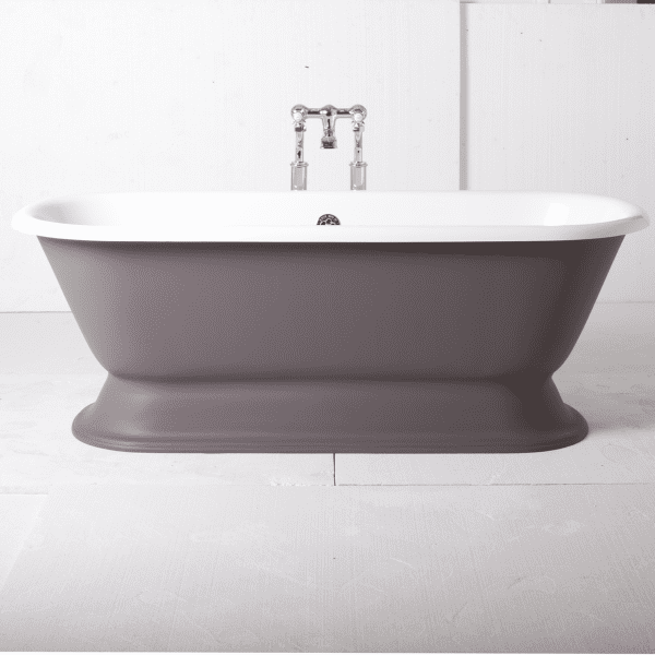 Elegant freestanding clawfoot bathtub with a modern dark exterior and white interior, perfect for luxurious bathroom interior design and high-end bathroom renovations.