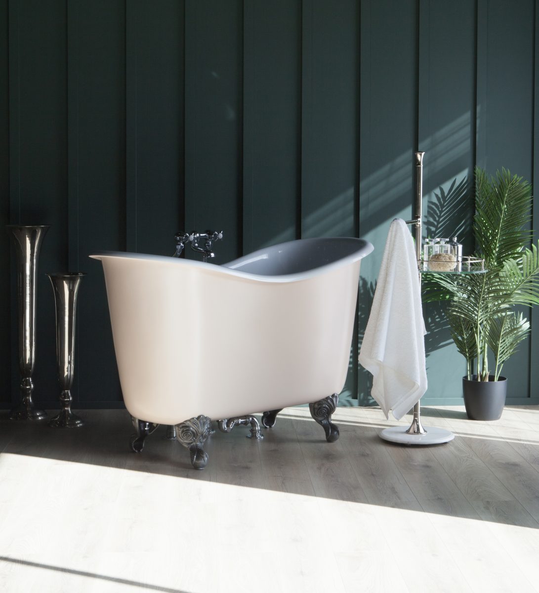 Tubby Too double ended bath slightly angled front on view. Bath shown with painted exterior and burnished Iron feet.