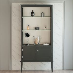 front on view of Linen Cabinet with glass shelves and Mirror back