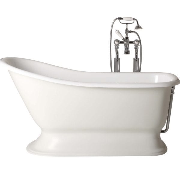 Vintage style freestanding clawfoot bathtub with classic chrome fixtures and handheld shower head, ideal for luxurious bathroom designs.