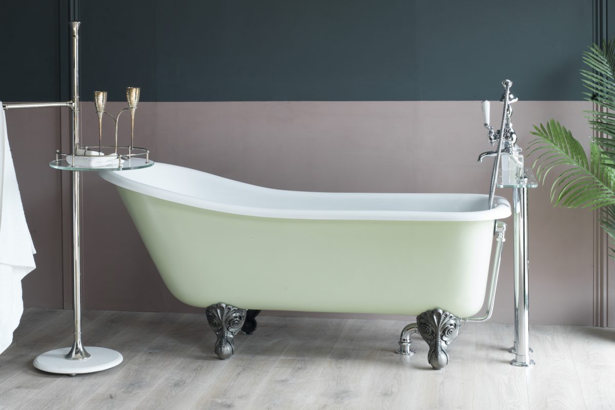 Neptune slipper bath - side on slightly higher view. Bath shown with painted exterior and burnished iron feet.