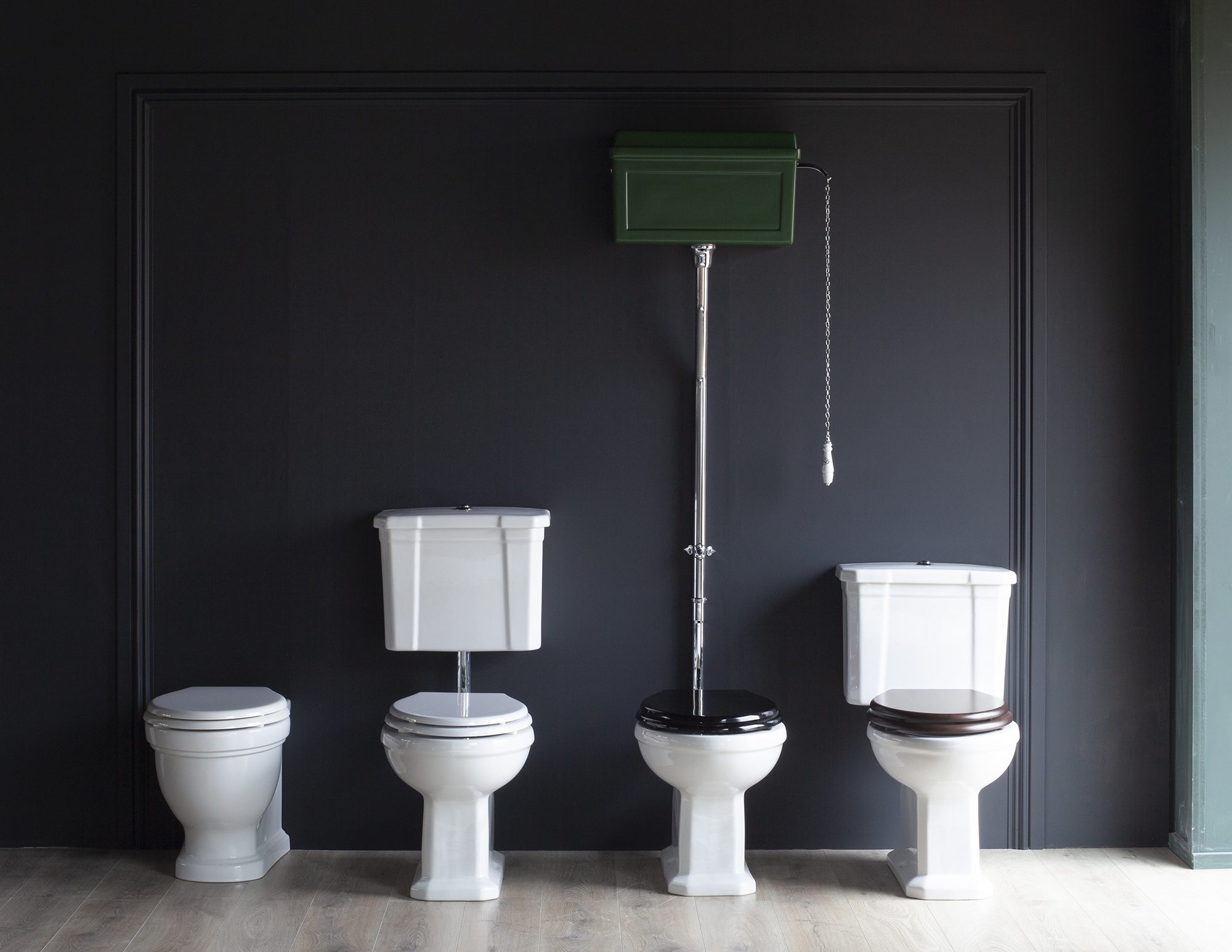 Albion's range of different toilet formats. Back to Wall Toilet, Low Level Toilet, High level Toilet and Close Coupled toilets.