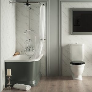 A luxurious vintage-style bathroom featuring a classic white bathtub with grey exterior, chrome fixtures, a separate shower with a white curtain, and a modern white toilet with a black seat, all set against marble-effect walls.