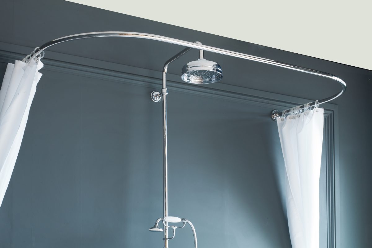Torre Dee Double Ended Bath - shower curtain rail and fixed riser shower.