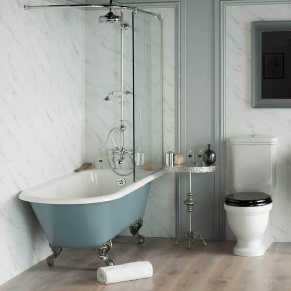 Polished vintage-style bathtub with clawfoot design and chrome fixtures in a modern bathroom setting.