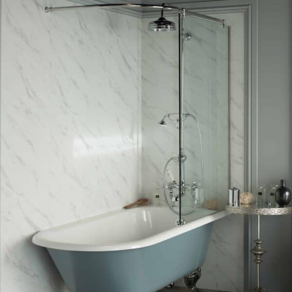 Luxurious freestanding bathtub with a vintage clawfoot design, grey exterior, and elegant fixtures in a modern bathroom featuring marble walls and sophisticated decor for a premium Albion Bath Co Ltd aesthetic.