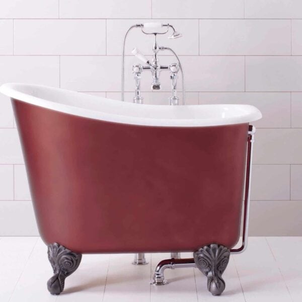 Victorian-style freestanding clawfoot bathtub with elegant maroon exterior and chrome fixtures, designed for luxury bathroom decor by The Albion Bath Co Ltd.