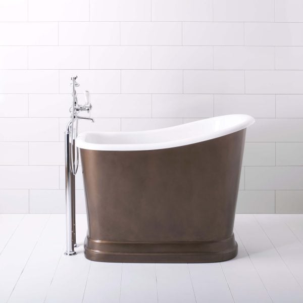 Elegant freestanding bathtub with a brushed metal exterior and classic clawfoot design, perfect for luxurious bathroom settings by Albion Bath Co Ltd, featuring modern fixtures and a white interior.