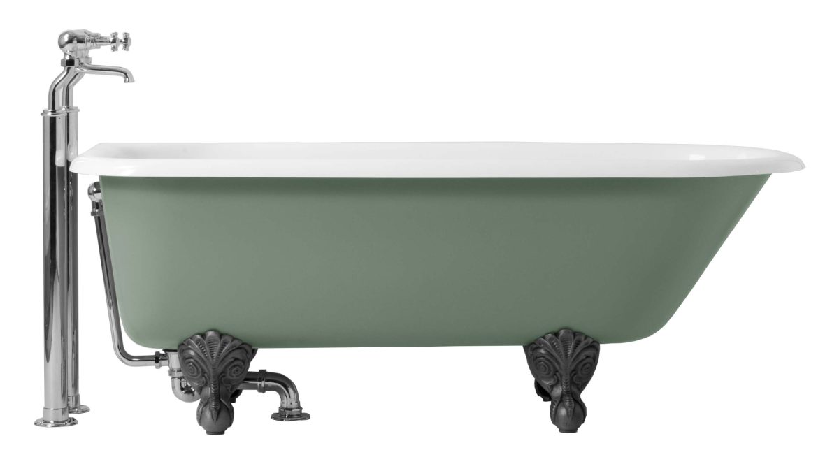 The original Solus Free Standing Roll Top Bath with a sage green painted exterior and burnished iron feet.